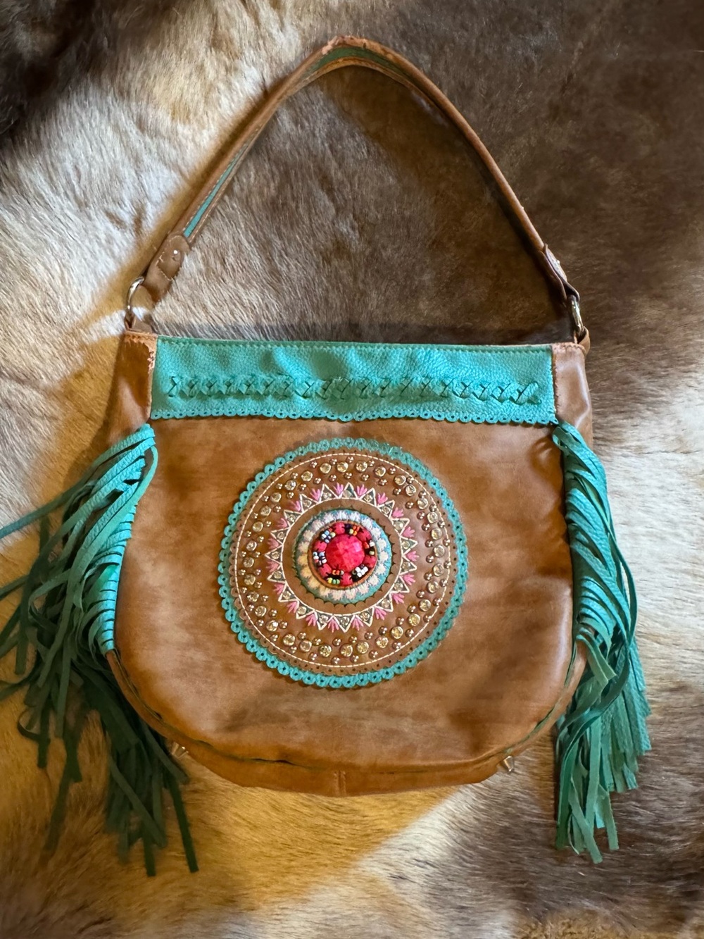 Turquoise & Tan Embroidered Fringe Shoulder Bag conceal carry
